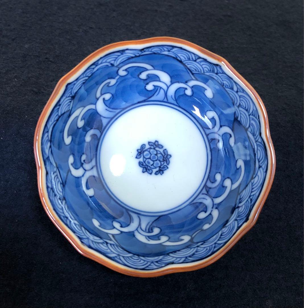 《レ》源右衛門作 染付四海波 輪花 猪口5客 酒器 共箱　251127お1