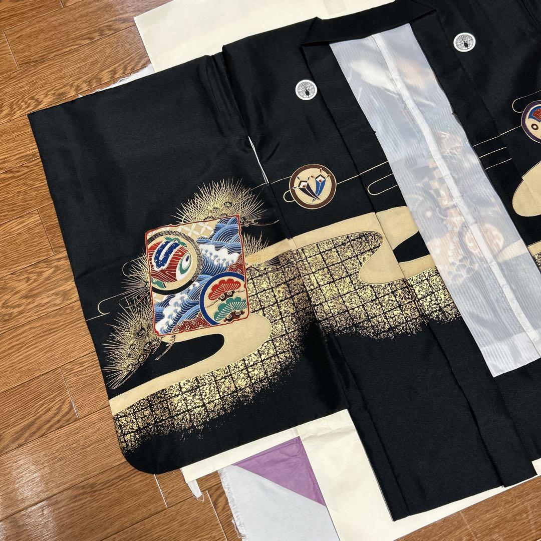 七五三 5歳 男の子 着物・袴セット 黒 かっこいい 富士山 兜 袴 七五三