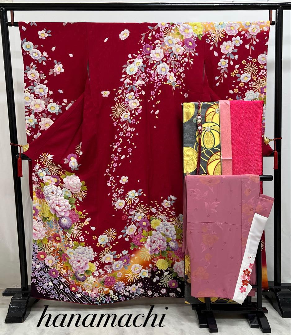 振り袖　フルセット　別誂長襦袢付　赤　成人式　金彩加工　刺繍入り　616