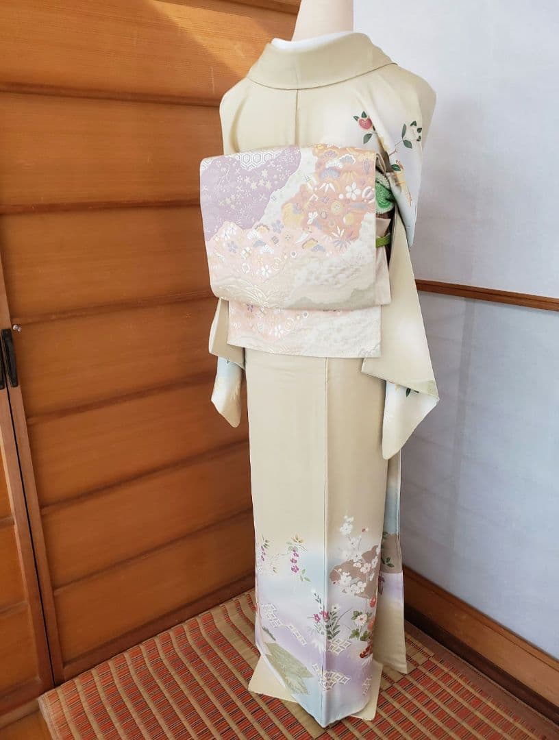 逸品SALE☆【着物帯セット＊】鶸色の古典柄訪問着　トールサイズ　裄68　入学式