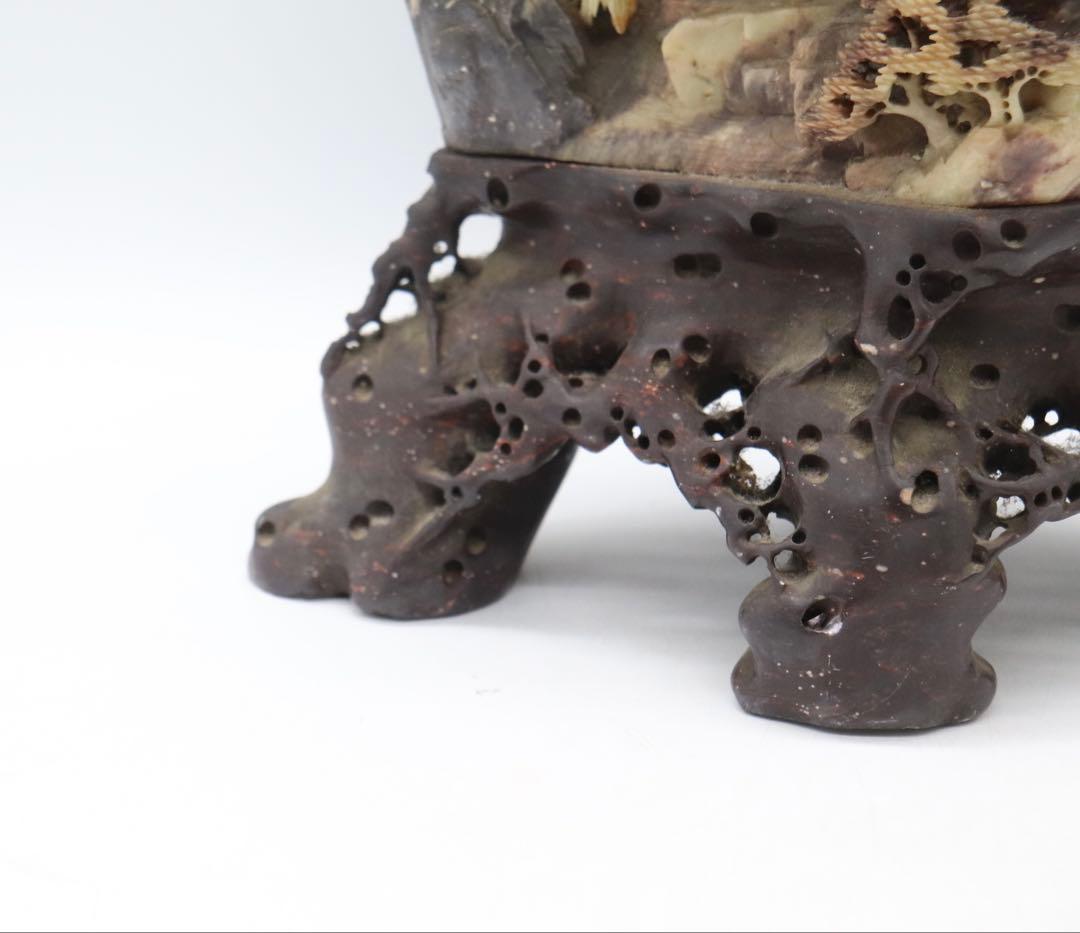 中国　寿山石　山水楼閣彫　置物　送料込み251015