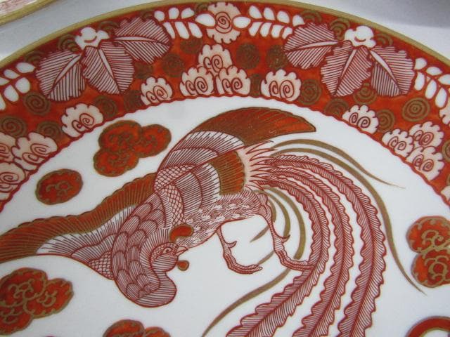 ◇明治期 九谷焼 朝日製 金彩赤絵 細密画 鳳凰文 中皿 5客 Y5-1029◇