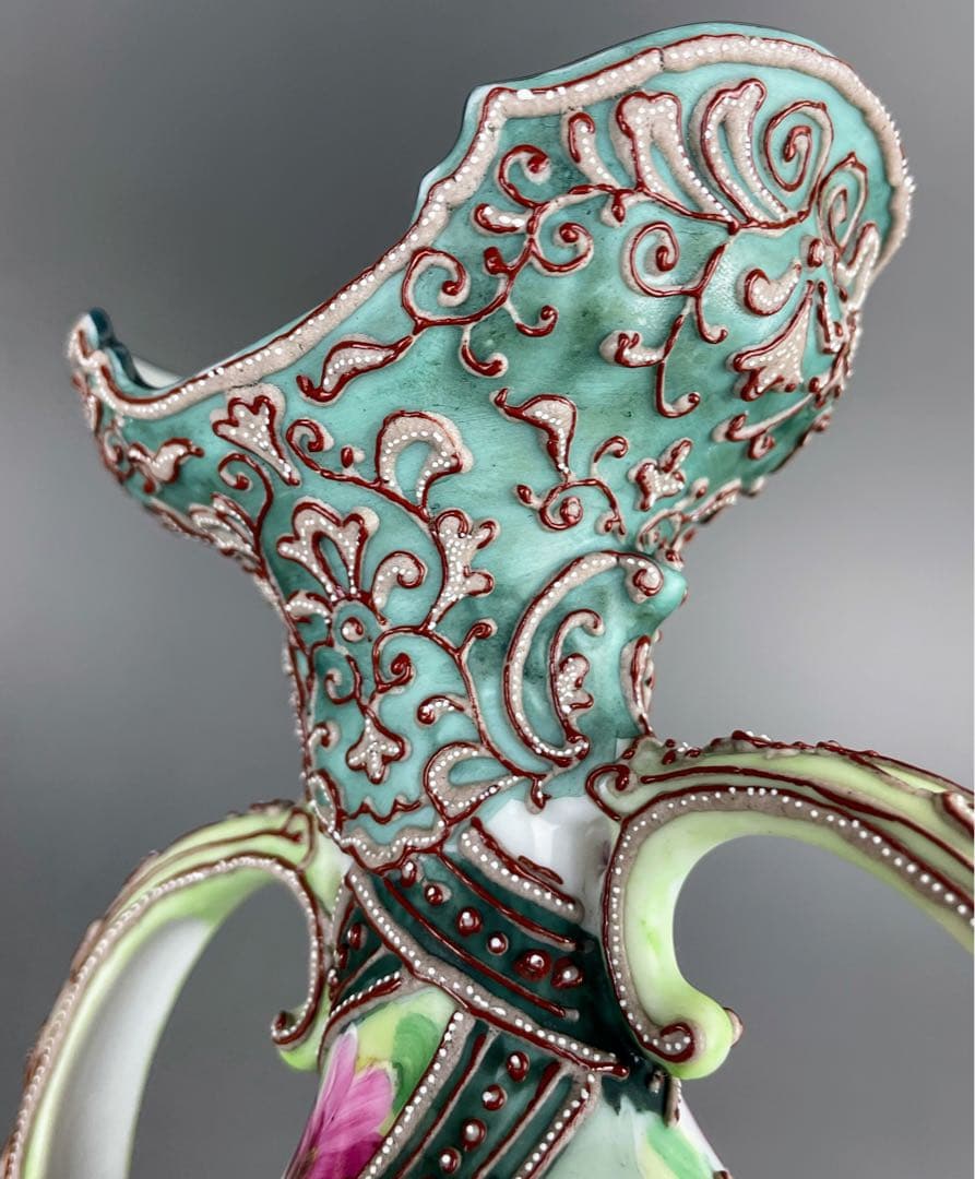 【美品】オールドニッポン ２２．２cm 花紋 一陳盛り花瓶 アールヌーボー様式