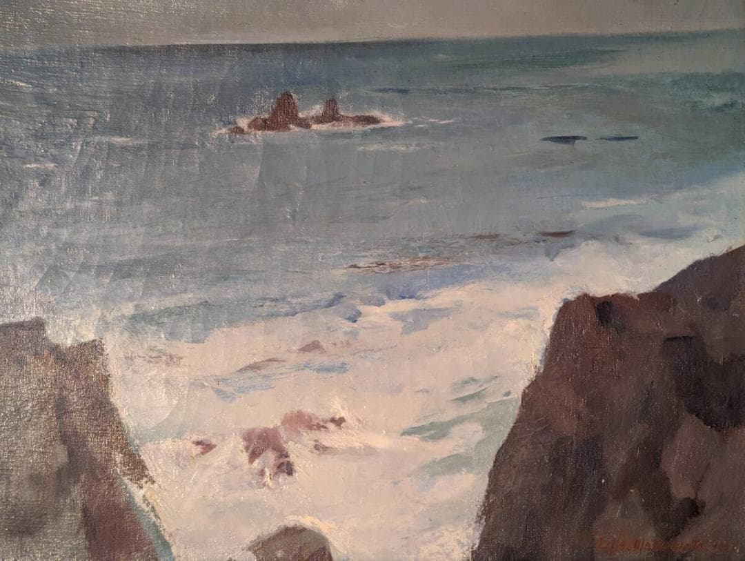 【真作】絵画　油彩8号　岩礁に打ち寄せる波　荒波と岩場の海風景　Y180