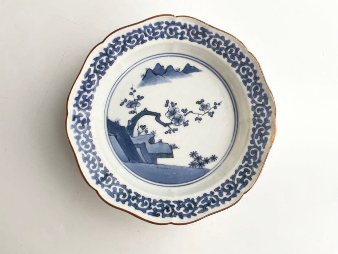 骨董　アンティーク　藍柿右衛門　梅図　蛸唐草文　輪花縁　膾皿　向付　縁錆