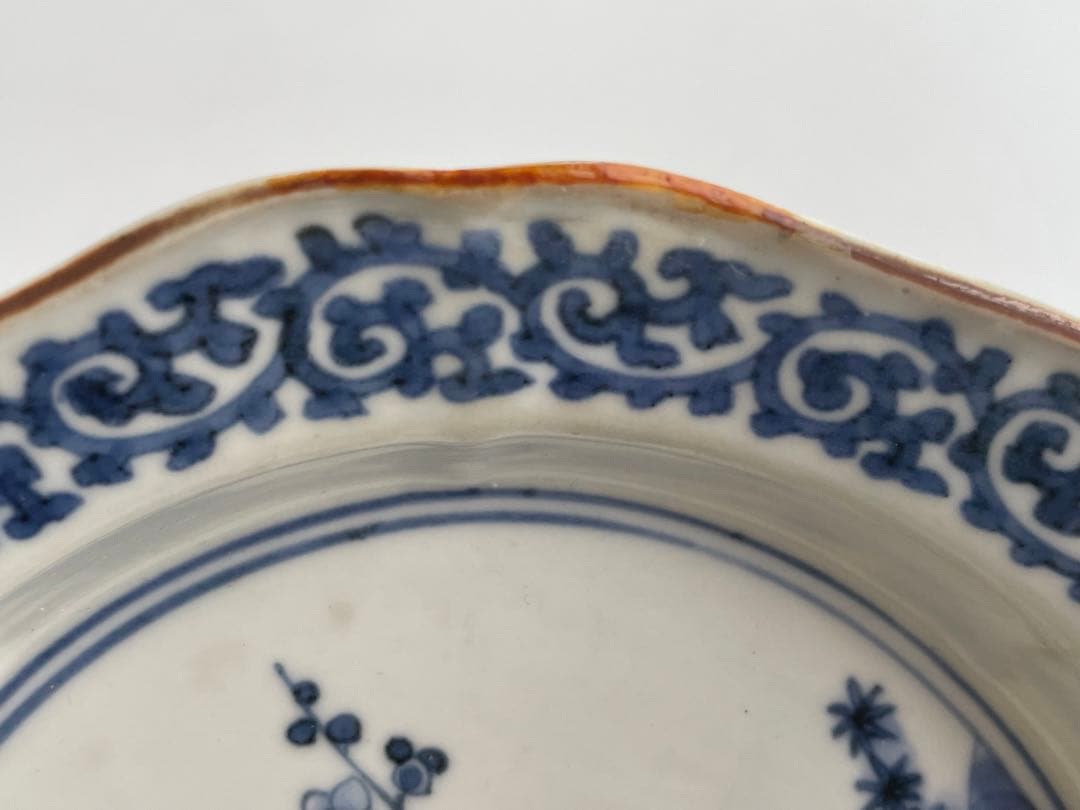 骨董　アンティーク　藍柿右衛門　梅図　蛸唐草文　輪花縁　膾皿　向付　縁錆
