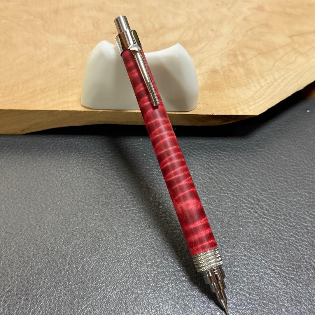 175栃縮杢スタビ　木製シャーペン　最強低重心ローレット　ステンレス　溝つき