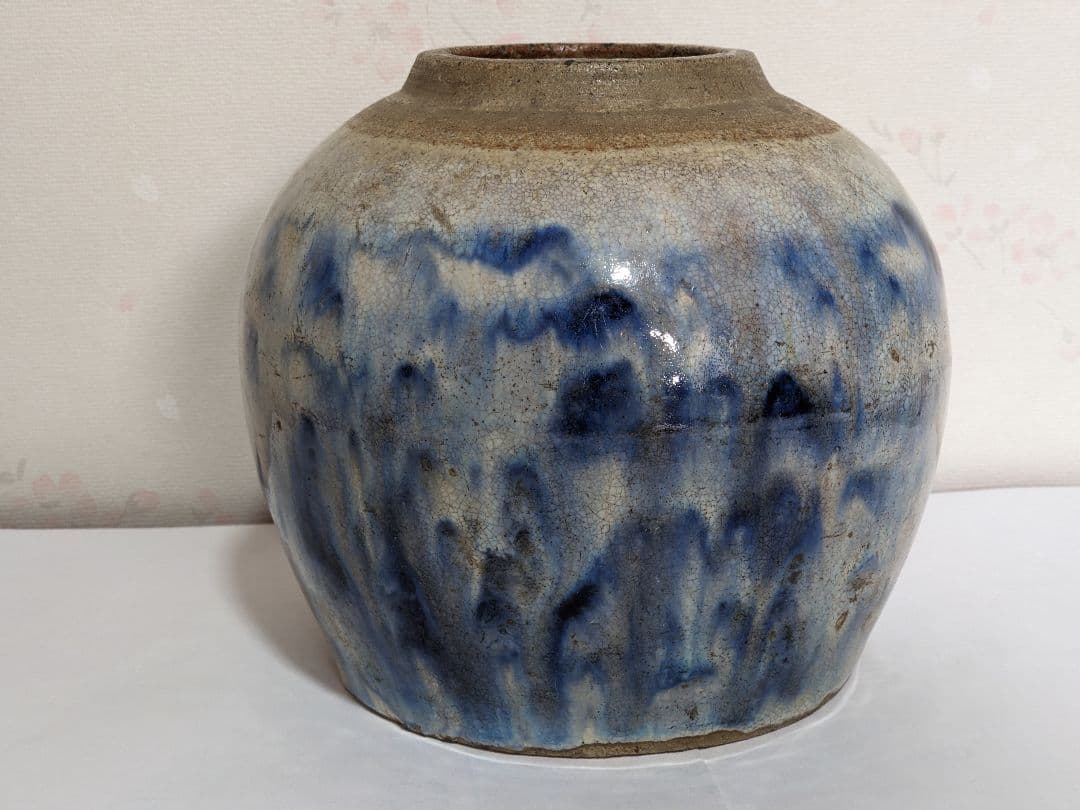 ♦古陶磁 壺 胴継ぎ 染付 藁灰釉 江戸時代 置物飾り 骨董品