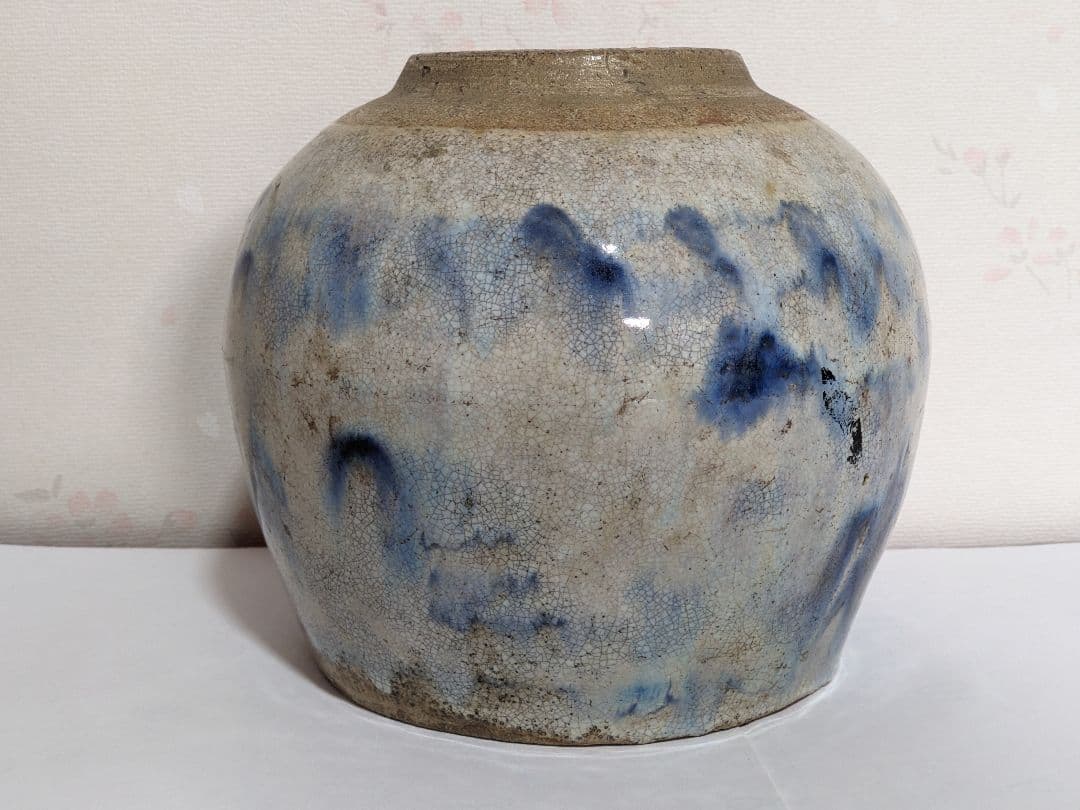 ♦古陶磁 壺 胴継ぎ 染付 藁灰釉 江戸時代 置物飾り 骨董品