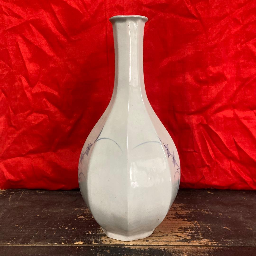 李朝　染付　面取瓶　徳利　秋草文