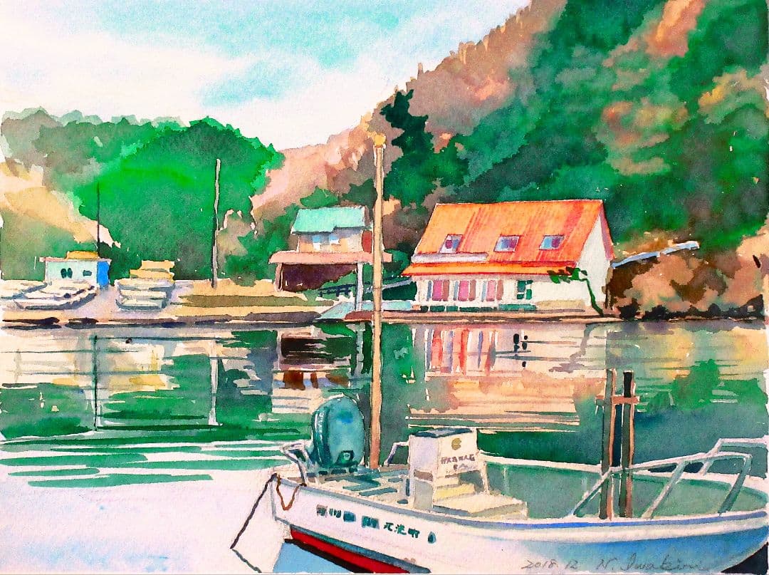 海の風景 水彩画 額装済み 原画 F6サイズ