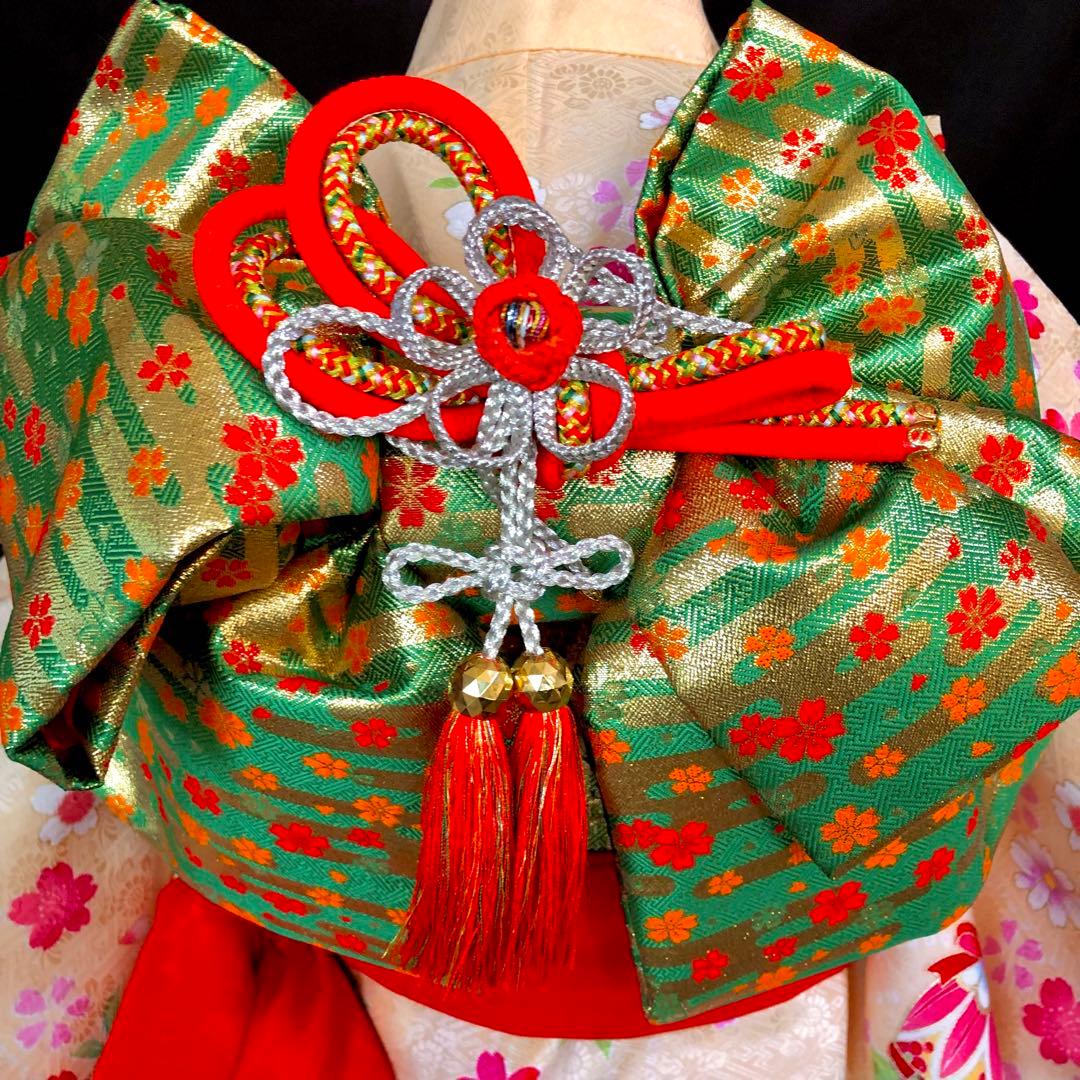 【正絹】 七五三　7歳　絵羽　桜　刺繍　着物　四つ身　作り帯　セット　女の子