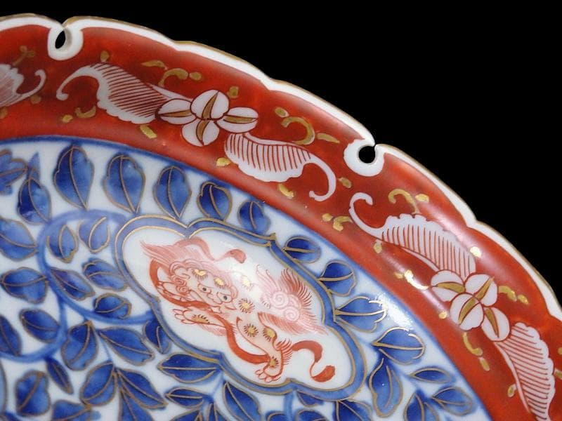 大聖寺伊万里　染錦　獅子に葉唐草の図 　雪輪膾皿　165AS-CTj