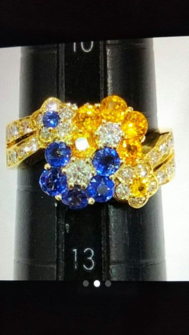 mayuブルーイエローサファイアダイヤモンドフラワーデザイン K18リング