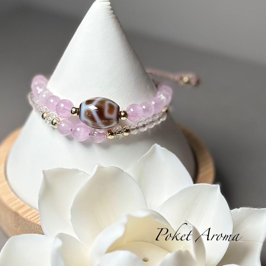 『心精』亀甲蓮花天珠とクンツァイトのマクラメブレスレット