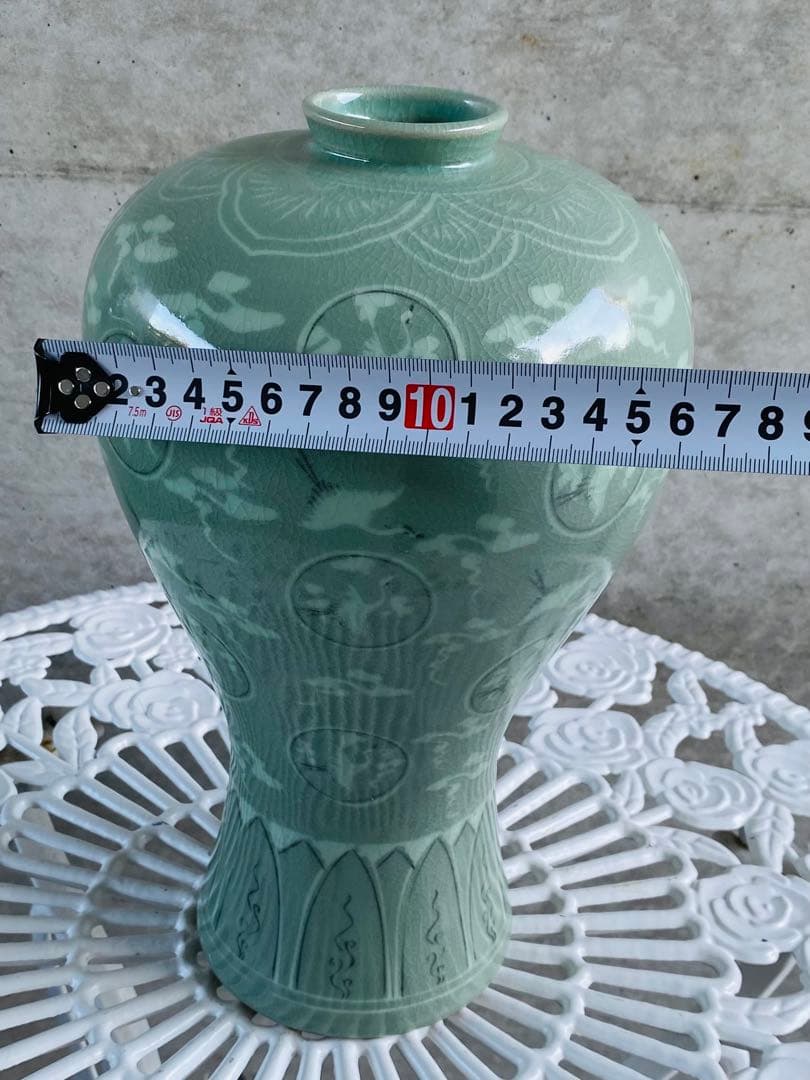 緑色の鶴模様陶器花瓶 約30cm