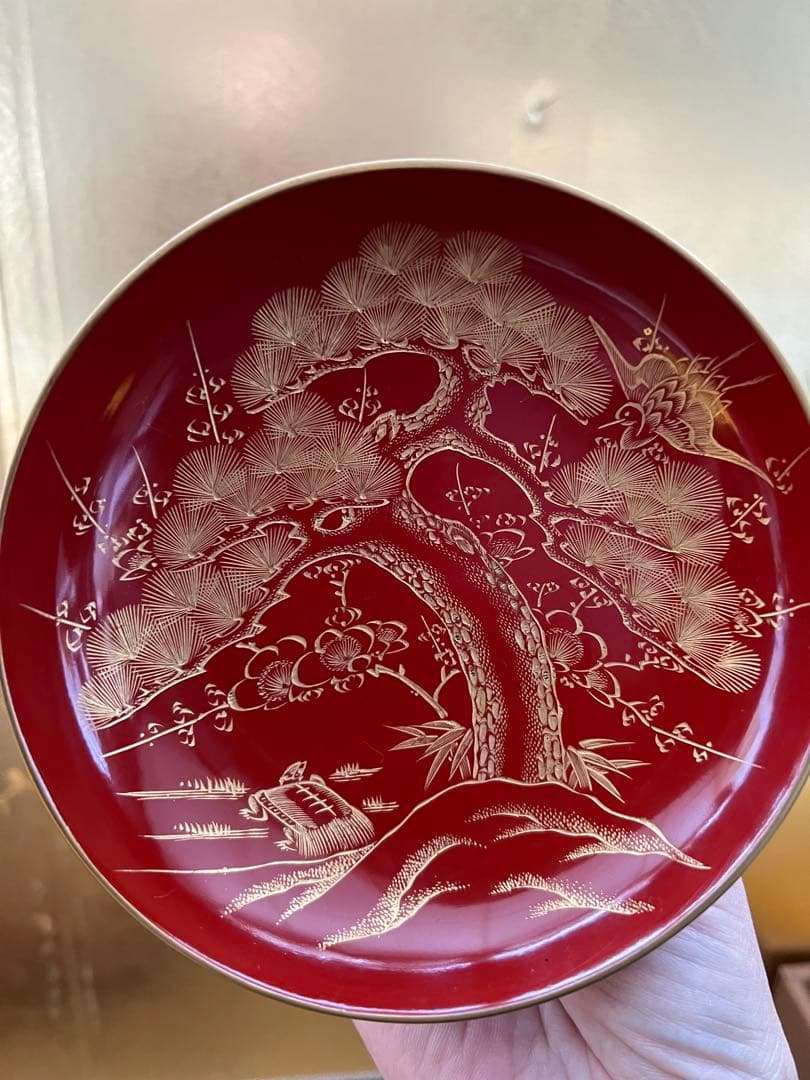 朱塗沈金鶴亀松竹梅文　盃台　五ツ組盃　木箱付　明治時代