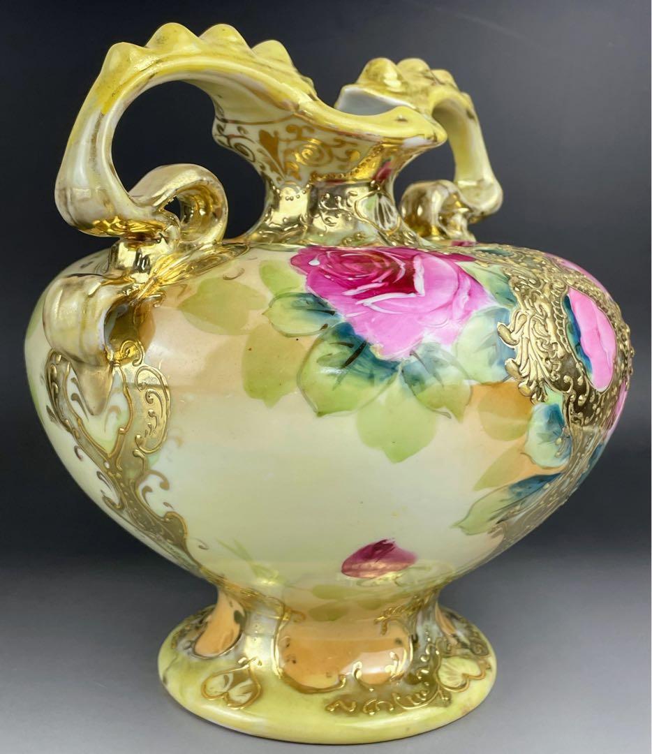 【大型】オールドニッポン 約２２cm アールヌーボー薔薇紋 花瓶 バラ