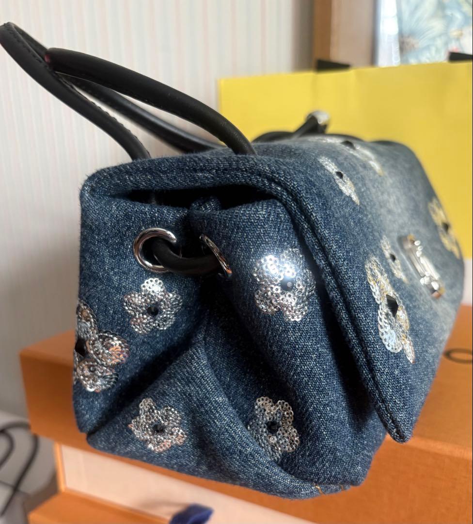 デニム花刺繍ボックス型ハンドバッグ