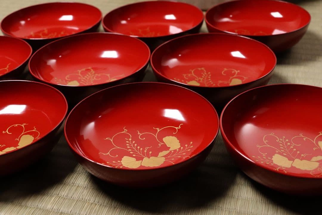 木製漆器 桐唐草蒔絵 朱塗銘々木皿 十九客 11.8cm 木箱 金蒔絵 MA12