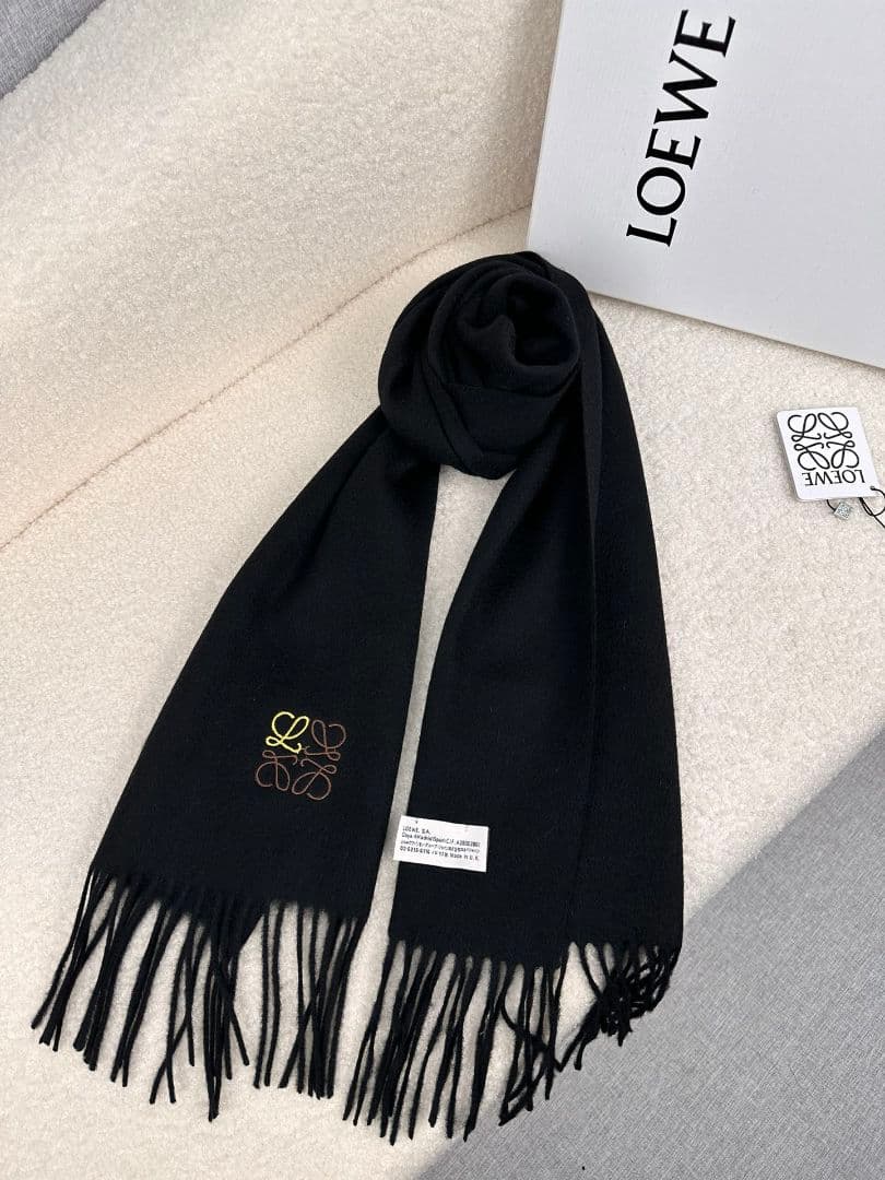 ロエベ マフラー ブラック カシミヤ フリンジ付き 30×180cm