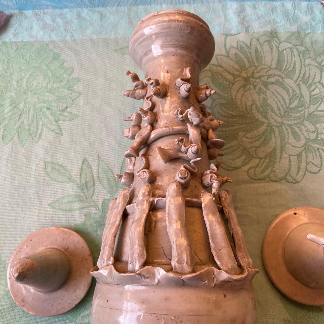 日月壺　蓋付き 白磁　発掘品　中国古阮 陶器の花瓶と鳥型