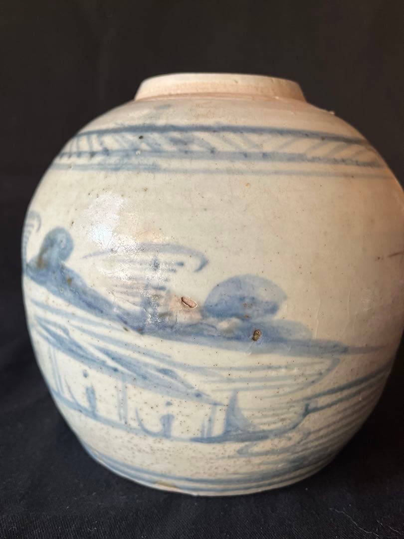 中国明代 豪快な絵付けの壺。 まさに民藝の極致 流れる絵付け