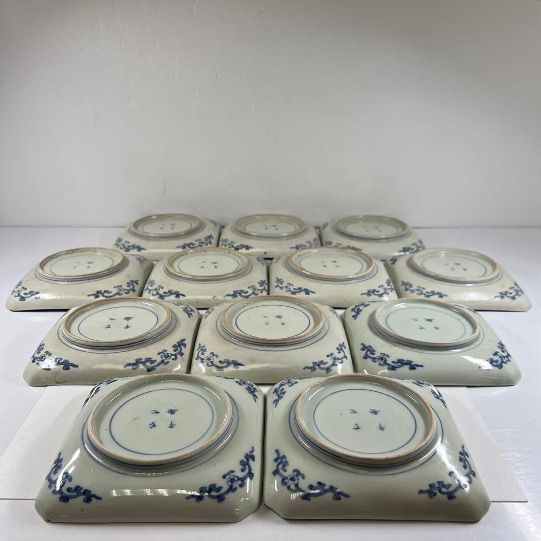 江戸後期　古伊万里　染付角皿12枚　幅約14~14.5㎝　東Y7-0717①