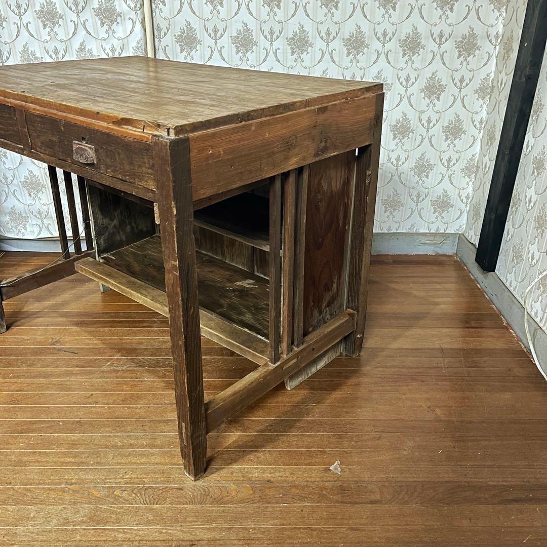 【アンティーク】木製 学習机 勉強机 デスク 2杯 小引出し 昭和レトロ 古家具