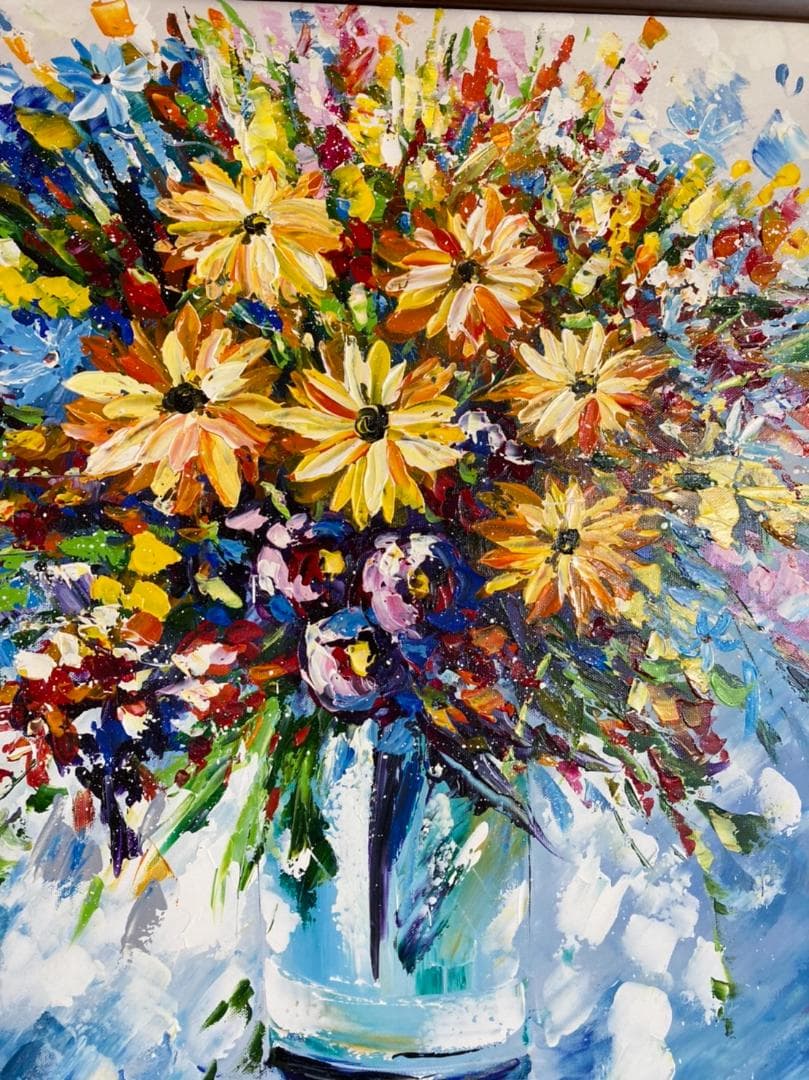 ガラスの花瓶に生けた花の静物画（油絵肉筆画）（680×680）