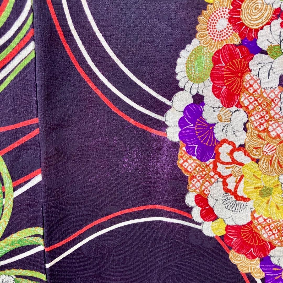 黒紫色 アンティーク 花薬玉 ジュニア 十三詣り アンティーク着物 NO560