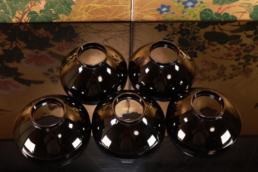 時代輪島塗　目出た図金蒔絵　吸物椀　五客　木製　霊芝　草花 BJ047