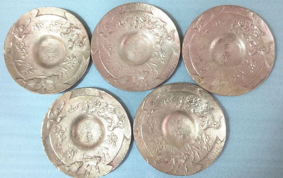 銅製茶托五客 陽咸二作 獅子魚鶴図 煎茶道具 煎茶器 銅茶托