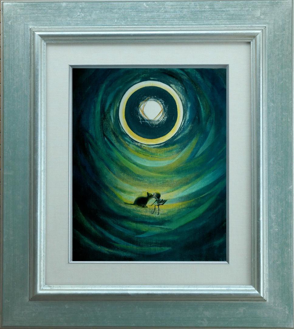 油絵 菅家令子絵 絵画インテリア額付(淡い銀青緑 ) F3-031119猫女の子