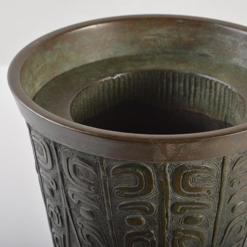 松華堂　古銅青銅　杵型　饕餮文花瓶　花器　共箱　N　6389