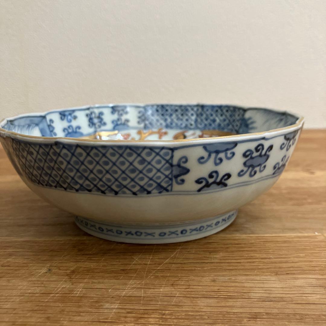 古伊万里 江戸中期色絵金彩染付 なます皿 花リム鉢 古道具 アンティーク 骨董