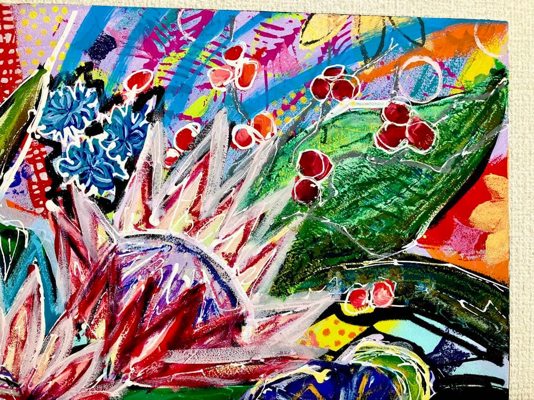 原画　花　額付き　花の絵　静物画　絵画　アクリル画　現代アート　手描き　一点物