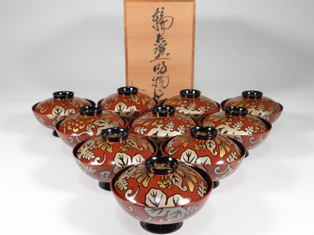 輪島塗 木製漆器 沈金 蓋椀 吸物椀 汁椀 10客　直径13cm