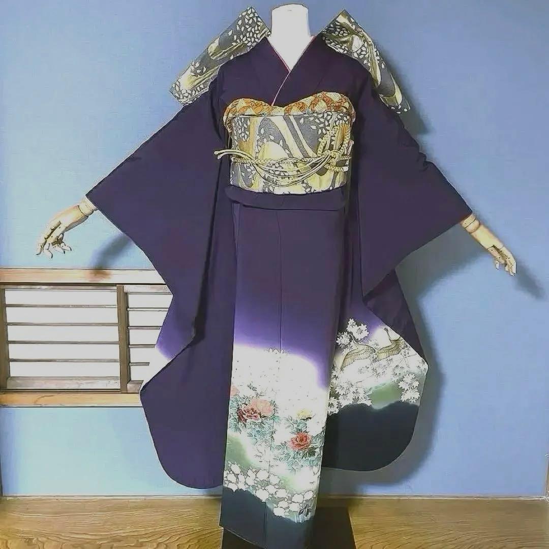 振袖フルセット　古代色の紫の友禅は、高貴で特別な色　成人式振袖　振袖　裄丈69