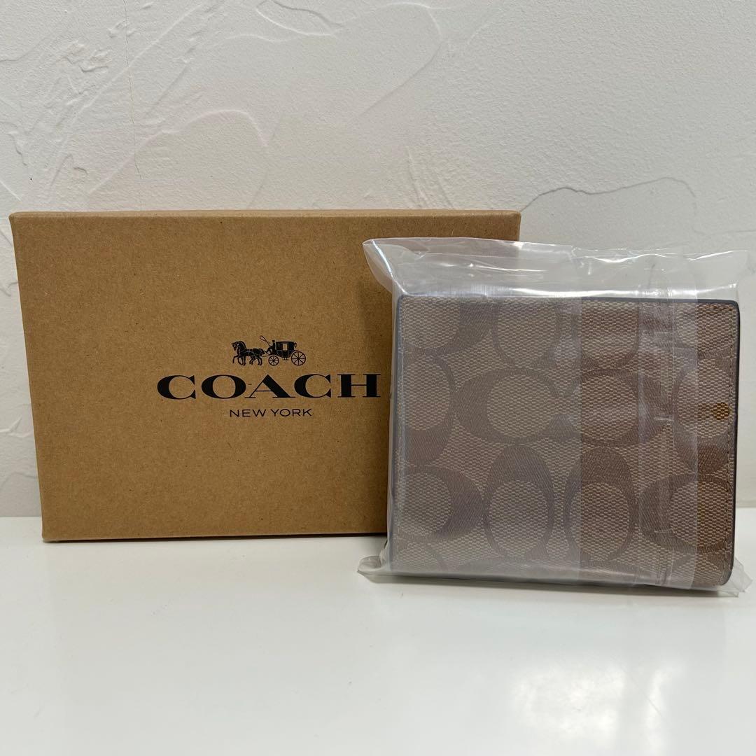 新品 COACH 財布 二つ折り財布 カーキ×レッドウッド シグネチャー コーチ