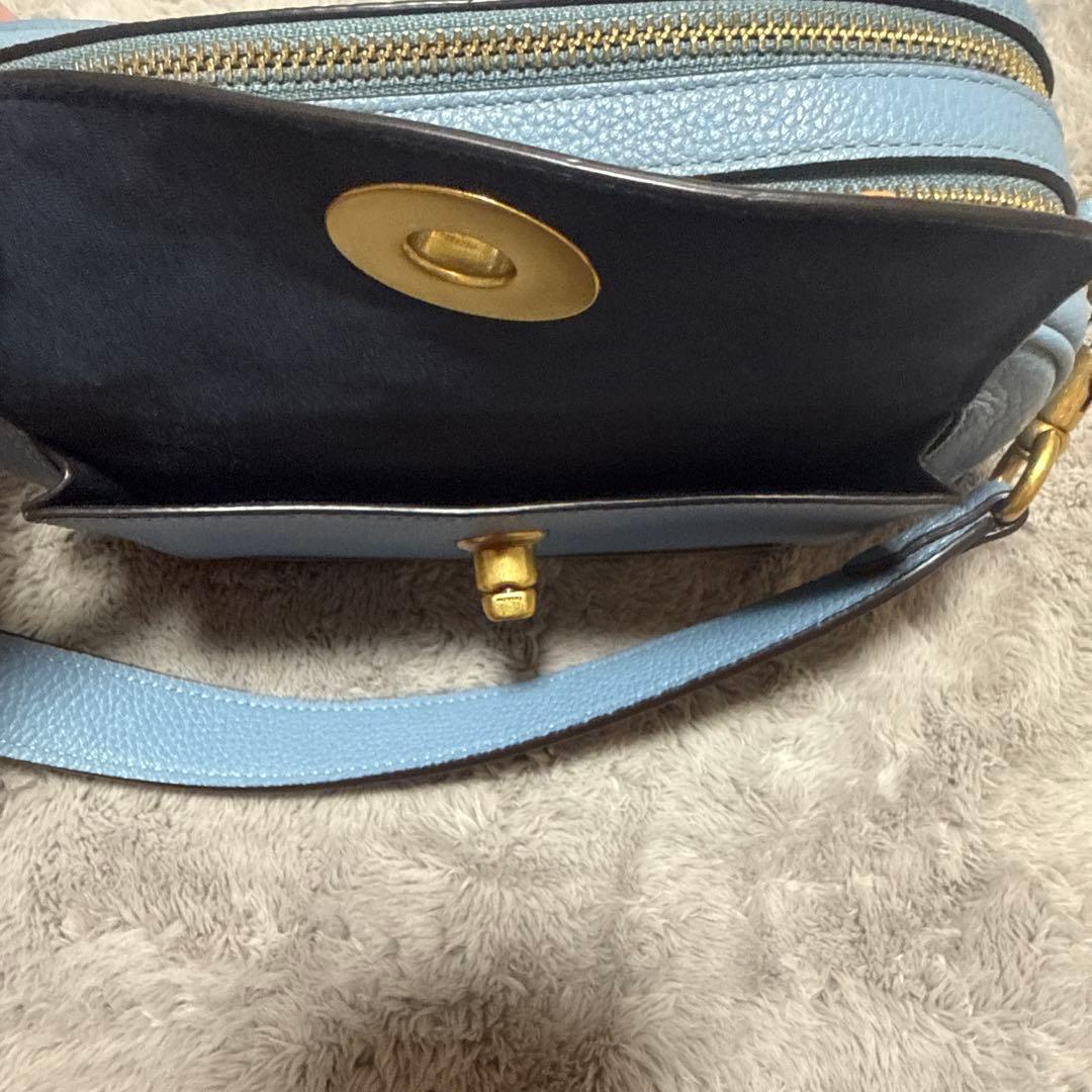 コーチ COACH ライトブルー 花刺繍 レザーショルダーバッグ