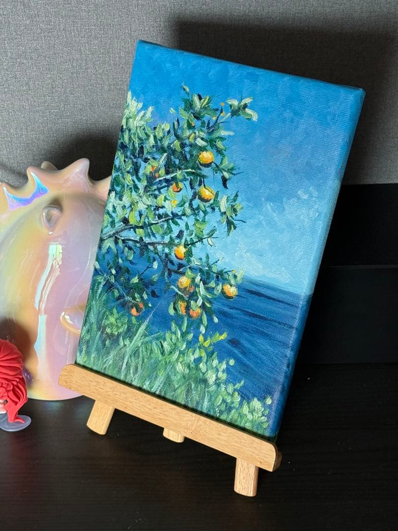 「海辺の蜜柑」　手描き　油絵　風景画　原画　油彩画
