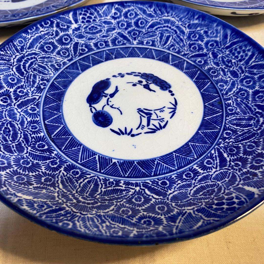 伊万里　古伊万里　中皿　花の図　松竹梅　染付　3客