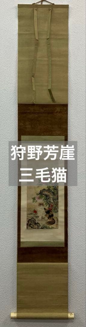 狩野芳崖【三毛猫】紙本　掛軸　茶掛け（猫　ねこ）