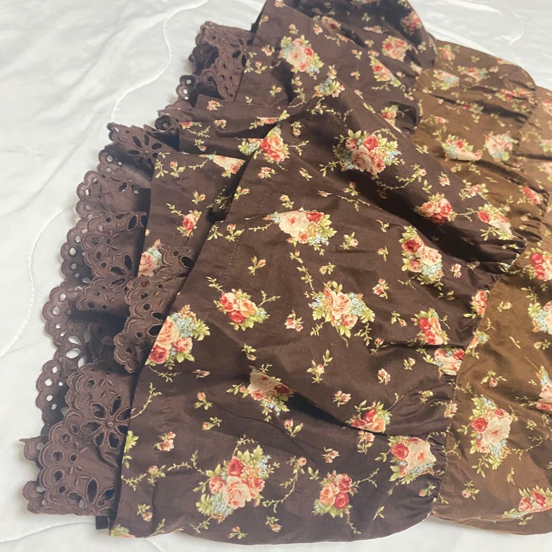 ピンクハウス ブラウン たくし上げリボン　グラデーション綿ローンスカート