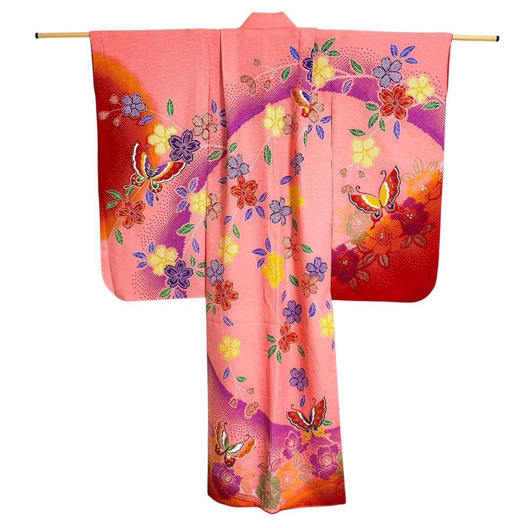 着物　七五三　7歳　女の子　13点　フルセット　ピンク　蝶　花　絞り風柄　刺繍