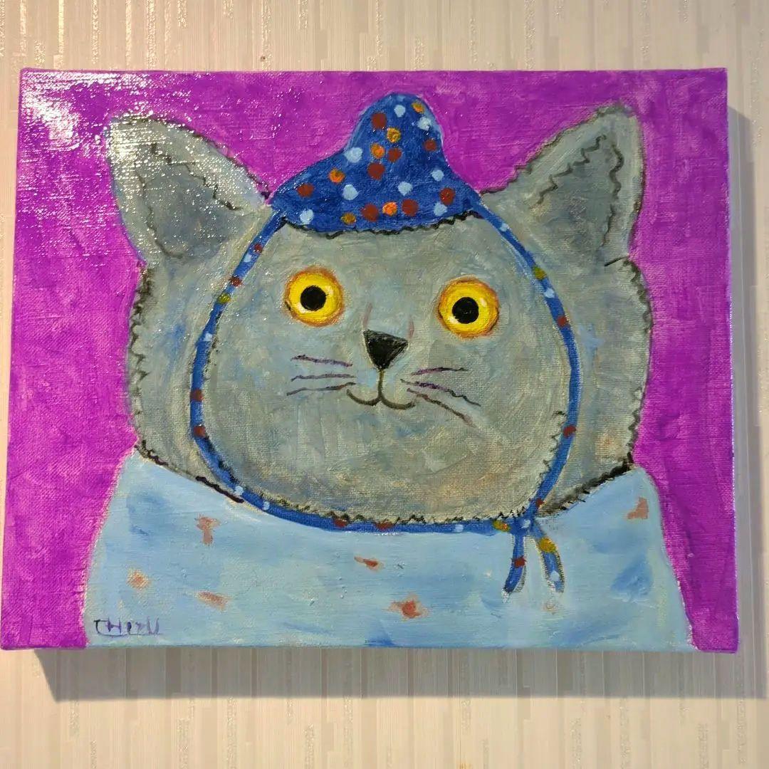 キャンバス油絵　専用　帽子と温かい服を着せてもらったにゃんこ