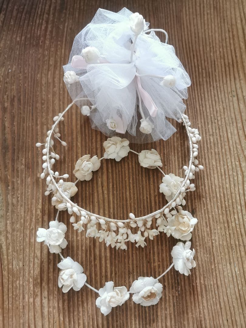 アンティーク ワックスフラワー＆布花冠ティアラ 薔薇ブーケ ブライダル３点セット