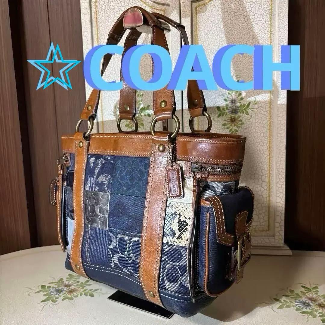 COACH トートバッグ パッチワーク デニム シグネチャー　レザーハンドバック