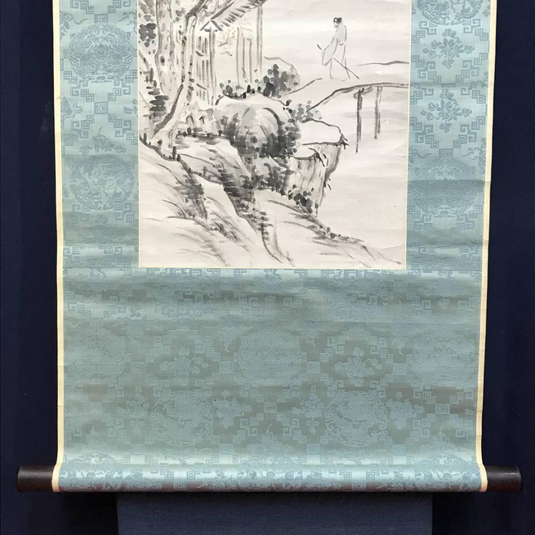 真作/長町竹石/山水人物図/秋江帰帆/山水図/帆船図/掛軸/名家伝来AE-401